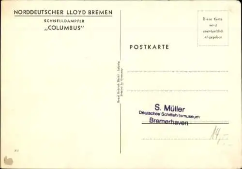 Künstler Ak Schmidt, R., Doppelschrauben-Schnelldampfer Columbus, Norddeutscher Lloyd Bremen