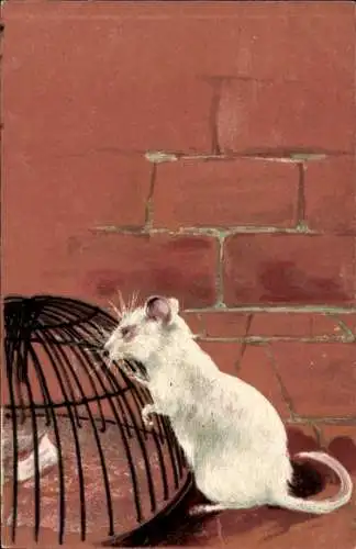 Präge Litho Weiße Maus, Mausefalle, Auf den Hinterpfoten, Ratte