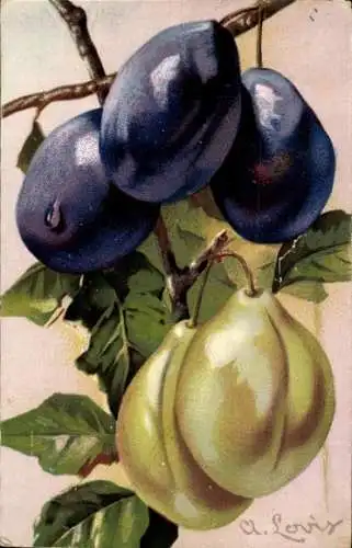 Künstler Ak Quitten und Pflaumen