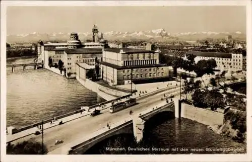 Ak München, Deutsches Museum, neue Studiengebäude, Brücke, Straßenbahn