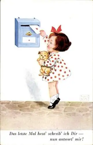 Künstler Ak Wills, John, Mädchen mit Brief, Postbriefkasten, Hund