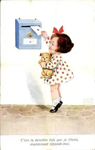 Künstler Ak Wills, John, Mädchen mit Brief, Postbriefkasten, Hund
