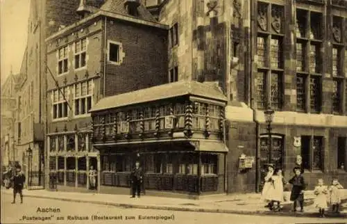 Ak Aachen, Postwagen, Rathaus, Restaurant zum Eulenspiegel