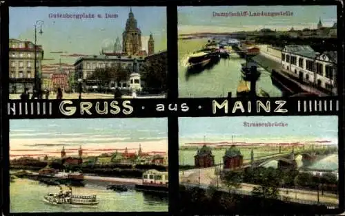 Ak Mainz am Rhein, Gutenbergplatz, Dom, Dampfschiff-Landungsstelle, Straßenbrücke