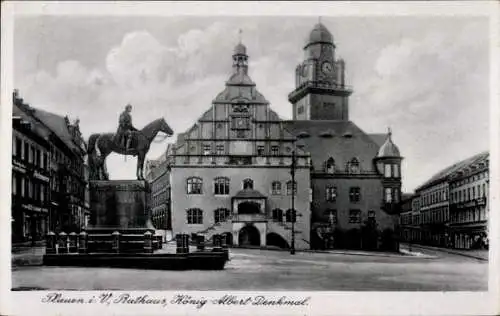 Ak Plauen im Vogtland, Rathaus und König Albert Denkmal