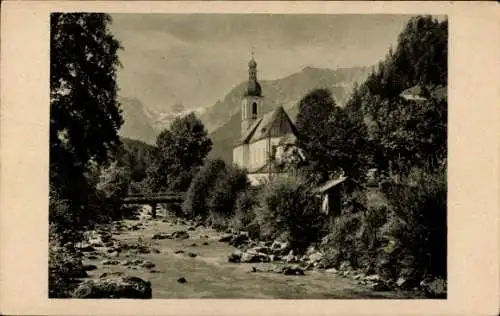 Ak Ramsau im Berchtesgadener Land Oberbayern, Teilansicht, Kirche, Ache, Brücke, Nr. 44