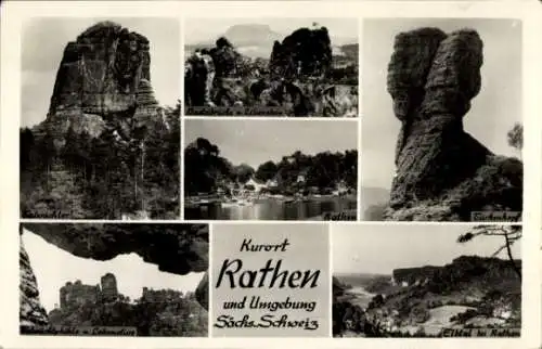 Ak Rathen an der Elbe Sächsische Schweiz, Teilansichten, Felsen, Elbtal, Talwächter, Basteibrücke