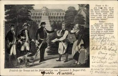 Künstler Ak Potsdam, Friedrich der Große, Mühlenbesitzer von Sanssouci, 2. Aug. 1745