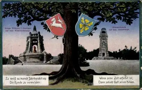 Ak Porta Westfalica an der Weser, Kaiser Wilhelm I Denkmal, Bismarcksäule, Wappen