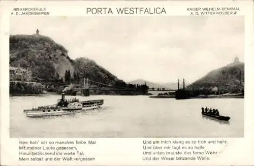 Ak Porta Westfalica an der Weser, Bismarcksäule, Kaiser Wilhelm-Denkmal, Weserlied