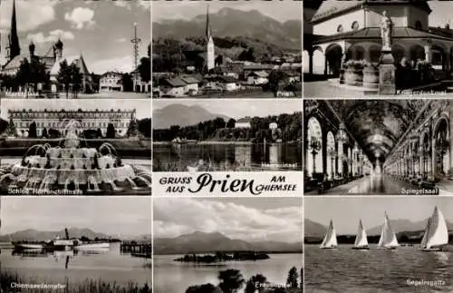 Ak Prien am Chiemsee, Schloss Herrenchiemsee, Spiegelsaal, Marktplatz, Segelregatta, Herreninsel