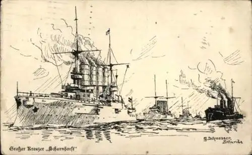 Künstler Ak Deutsches Kriegsschiff, SMS Scharnhorst, Großer Kreuzer, Kaiserliche Marine