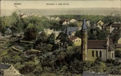 Ak Guben in der Niederlausitz, Sanssouci, katholische Kirche