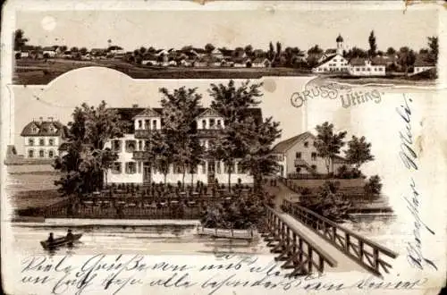 Litho Utting am Ammersee Oberbayern, Gesamtansicht, Gasthaus, Brücke, Ruderboot