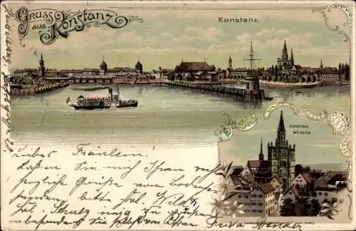 Litho Konstanz am Bodensee, Hafen mit Stadtblick, Münster