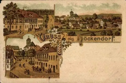 Litho Höckendorf Klingenberg im Osterzgebirge, Gesamtansicht, Gasthof Höckendorf, Kirche