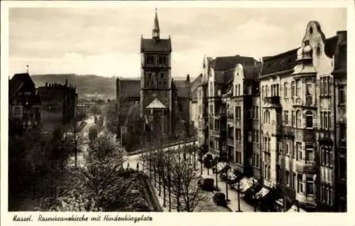 Ak Kassel in Hessen, Rosenkranzkirche mit Hindenburgplatz