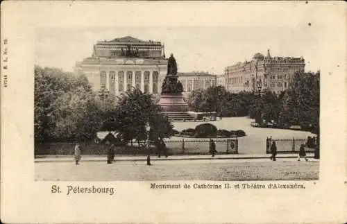 Ak Sankt Petersburg Russland, Monument de Catherine II., Theatre d'Alexandra