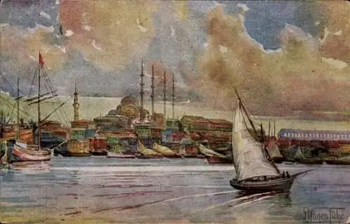 Künstler Ak Wagenführ, Georg, Konstantinopel Istanbul Türkiye, Hafen, Segelboot