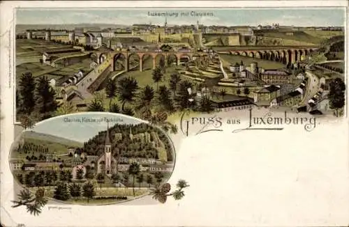 Litho Clausen Luxemburg, Panorama, Kirche, Parkhöhe