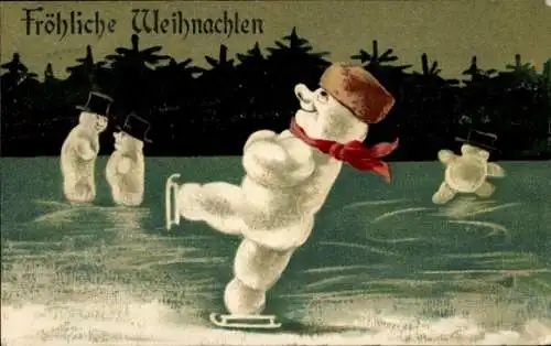 Ak Frohe Weihnachten, Schneemänner beim Eislaufen