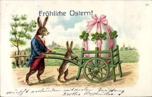 Litho Frohe Ostern, Osterhasen, Osterei auf Schubkarre