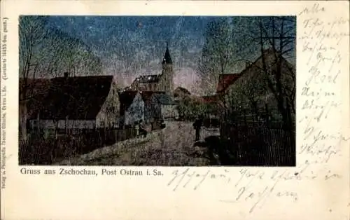 Luna Ak Zschochau Ostrau in Sachsen, Straße, Häuser, Kirche