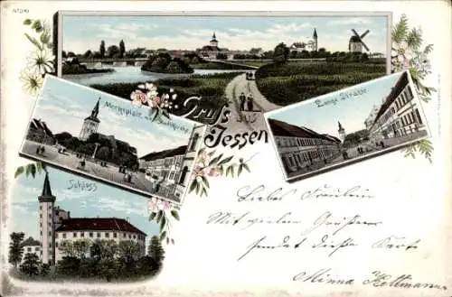 Litho Jessen in Sachsen Anhalt, Marktplatz, Lange Straße, Stadtkirche, Schloss, Windmühle