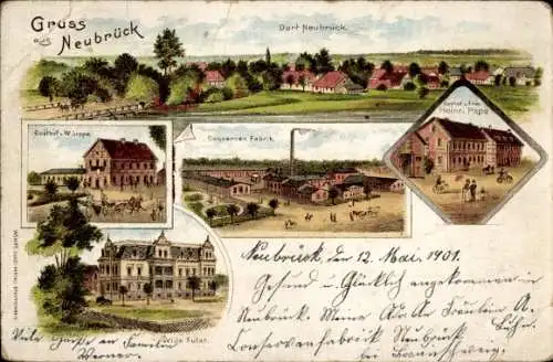 Litho Neubrück Groß Köris in Brandenburg, Gesamtansicht, Gasthof, Fabrik