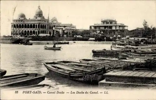 Ak Port Said Ägypten, Canal Docks, Blick in den Hafen, Ruderboote, Häuser