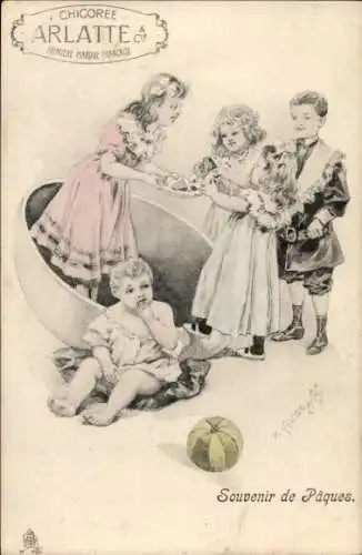 Künstler Litho Glückwunsch Ostern, Kinder, Eierschale, Ball, Werbung Chicoree Arlatte