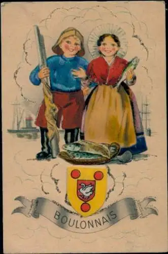 Glitzer Ak Boulonnais Pas de Calais, Fischer, Französische Tracht, Fische, Wappen