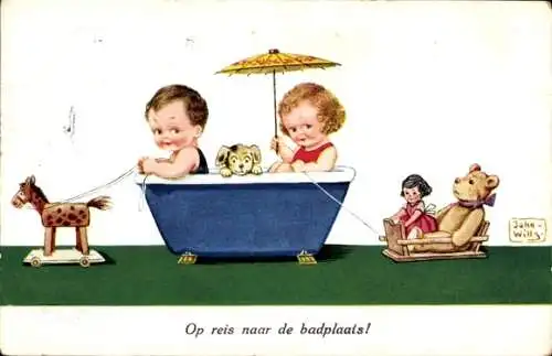 Künstler Ak Wills, John, Kinder in der Badewanne, Spielzeugpferd, Puppe, Teddy, Hund