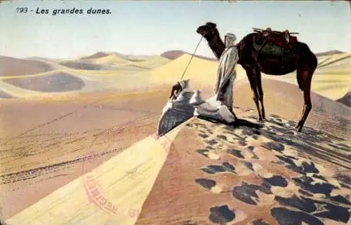 Ak Nordafrika, Les grandes dunes, Wüste, Kamelreiter, Lehnert & Landrock 793