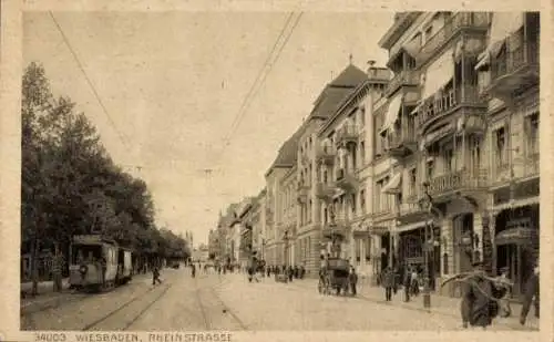 Ak Wiesbaden in Hessen, Rheinstraße, Straßenbahn