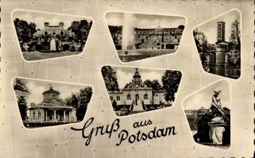 Ak Potsdam, Schloss Sanssouci, Orangerie, Friedenskirche, chinesisches Teehaus, Neue Kammern