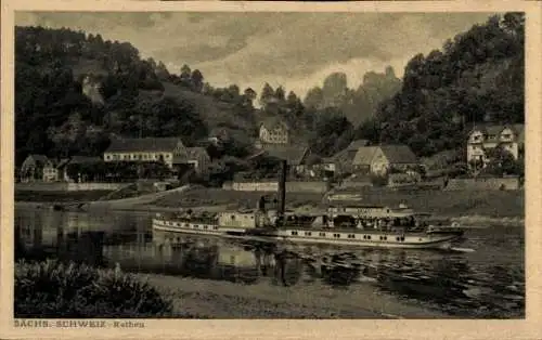 Ak Rathen an der Elbe Sächsische Schweiz, Teilansicht, Dampfer