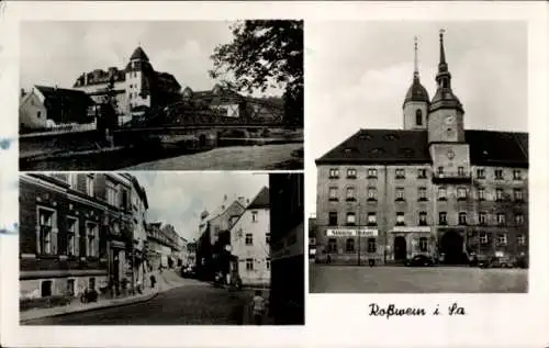 Ak Roßwein in Sachsen, Teilansichten, Turm, Straßenpartie