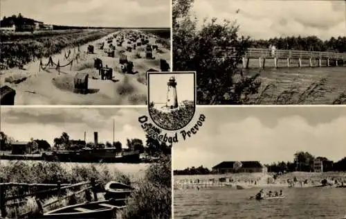 Ak Ostseebad Prerow auf dem Darß, Strand, Ruderboote, Badegäste, Leuchtturm