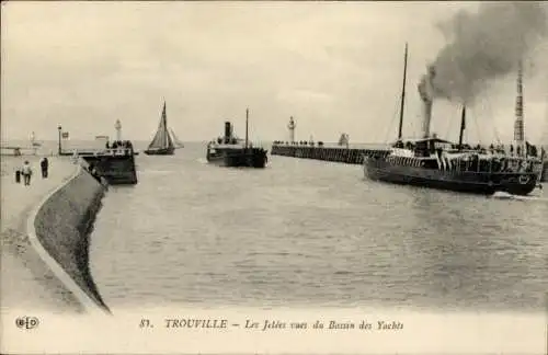 Ak Trouville Calvados, Les Jetes vues du Bassin des Yachts, Dampfer