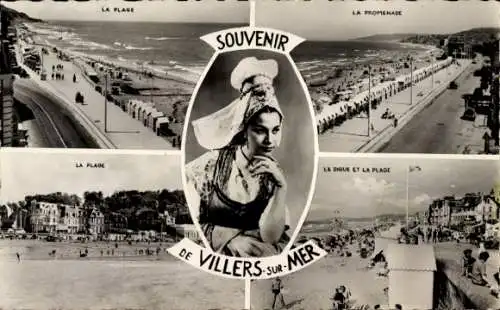 Ak Villers sur Mer Calvados, Strand, Promenade, Digue, Frau in Tracht