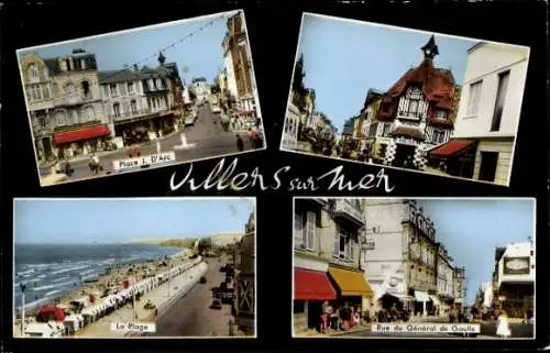 Ak Villers sur Mer Calvados, Place J. D'Arc, Strand, Rue du General de Gaulle