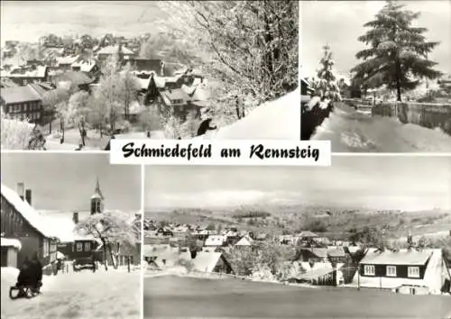 Ak Schmiedefeld am Rennsteig Suhl Thüringen, Gesamtansicht, Teilansichten, Winter, Schlitten