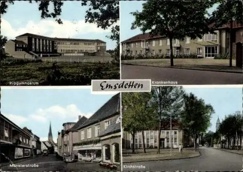 Ak Emsdetten in Westfalen, Krankenhaus, Münsterstraße, Kirchstraße, Progymnasium