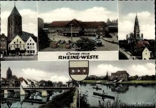 Ak Rheine in Westfalen, Marktplatz, St. Dionysius, Bootshaus, Emsbrücke, St. Antonius, Bahnhof