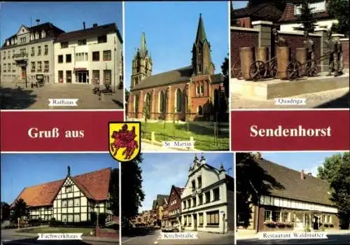 Ak Sendenhorst, Rathaus, Fachwerkhaus, Kirchstraße, St. Martin, Quadriga, Restaurant Waldmutter