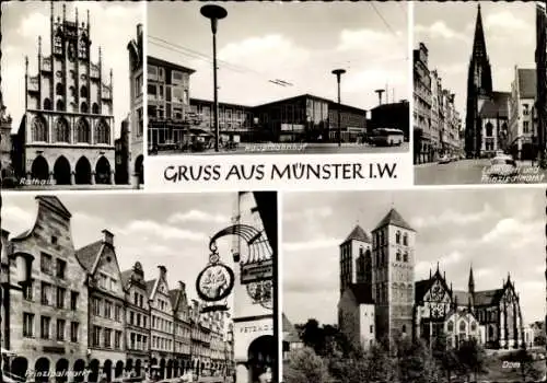 Ak Münster in Westfalen, Rathaus, Hauptbahnhof, Prinzipalmarkt, Dom