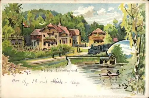 Litho Radebeul Sachsen, Meierei Lößnitzgrund, Eisenbahn, Ruderer