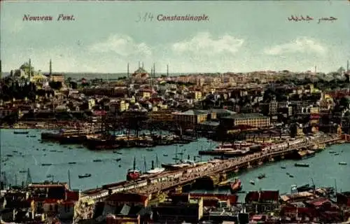 Ak Konstantinopel Istanbul Türkei, Gesamtansicht, Hafen, Brücke