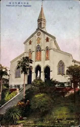 Ak Nagasaki Präf. Nagasaki Japan, Tenshudo of Oura, church, exterior view, stairs, palm trees